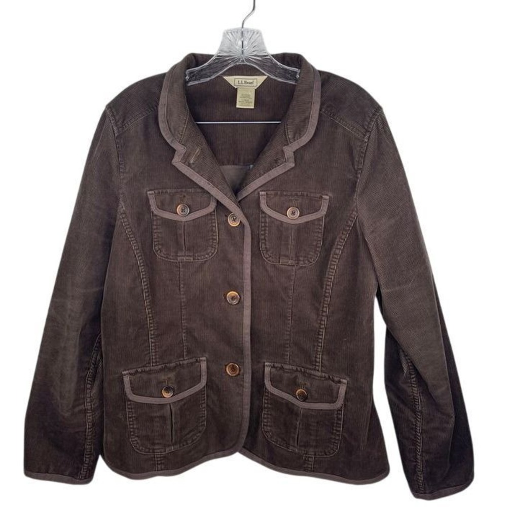L.L. Bean Brown Corduroy‎ Blazer Jacket L Utility Workwear Chore Coat Pockets